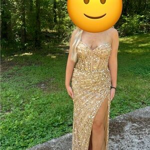 Gold Sherri Hill Sequin (teardrop shape zoom in to see) Strapless Gown